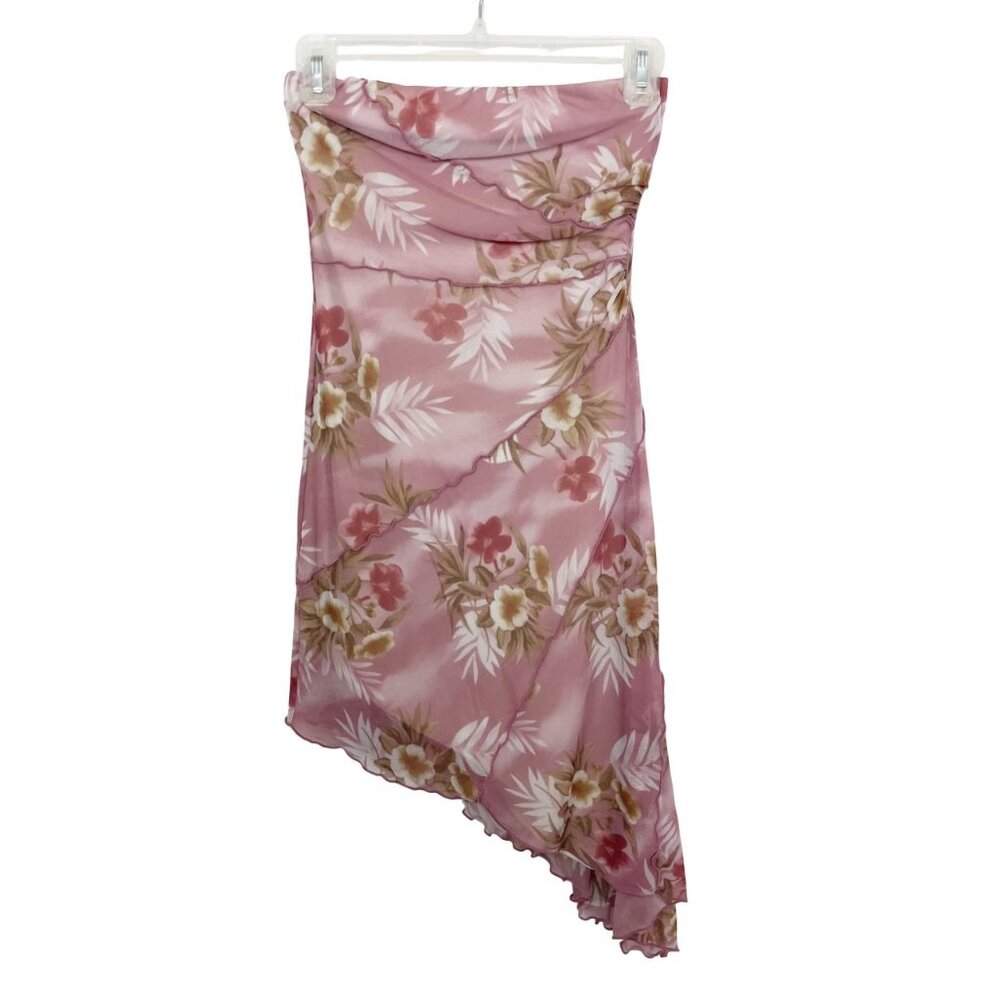 Vintage Charlotte Russe Y2K Pink Floral Asymmetrical Hem Strapless Dress Size XS
